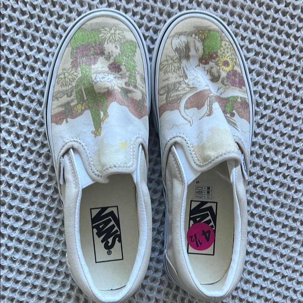 Vans Kids Slip-On Sneakers - White and Cream with Dinosaur Design